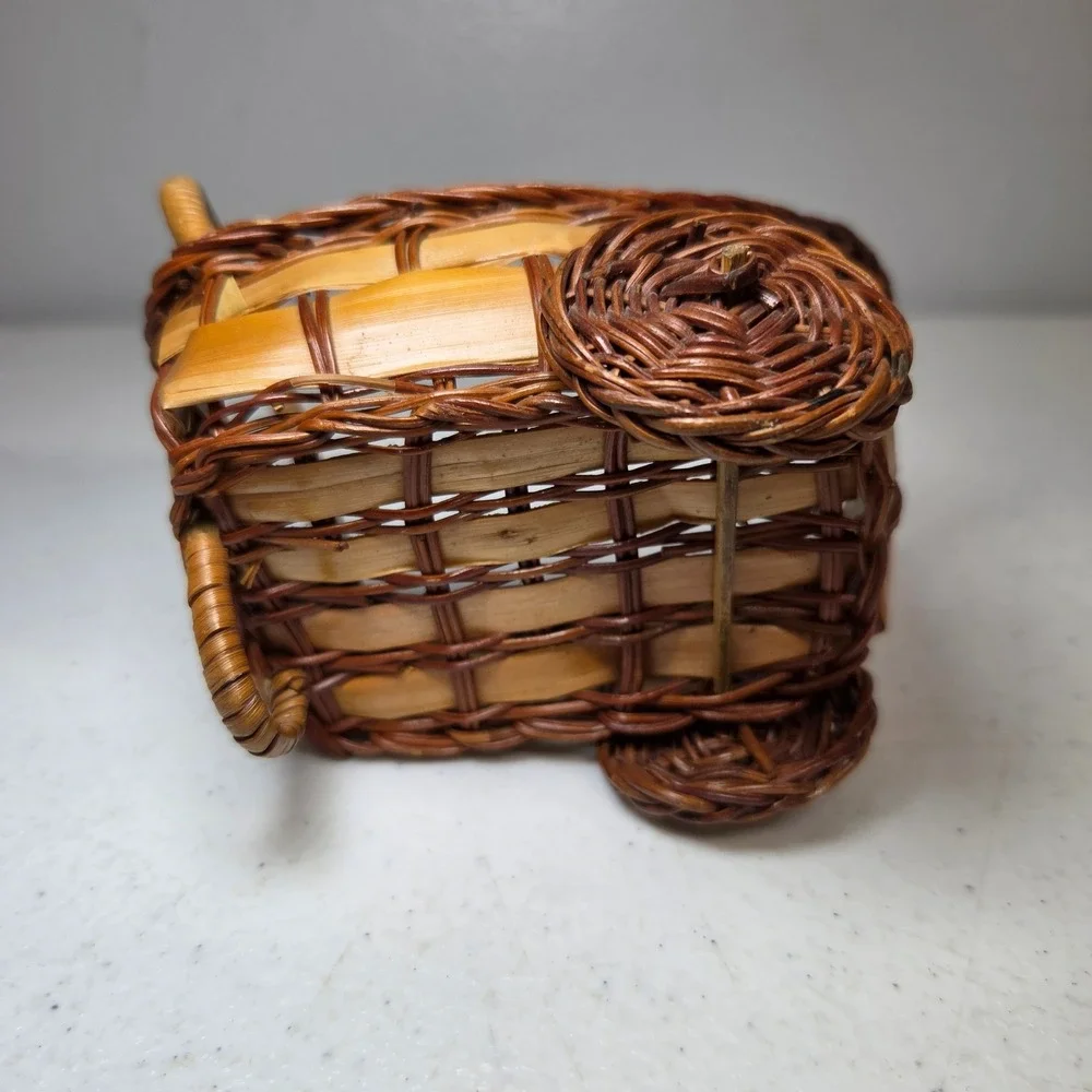 Vintage‎ Miniature Wicker Basket Wagon Small Decorative Cart Brown Wood